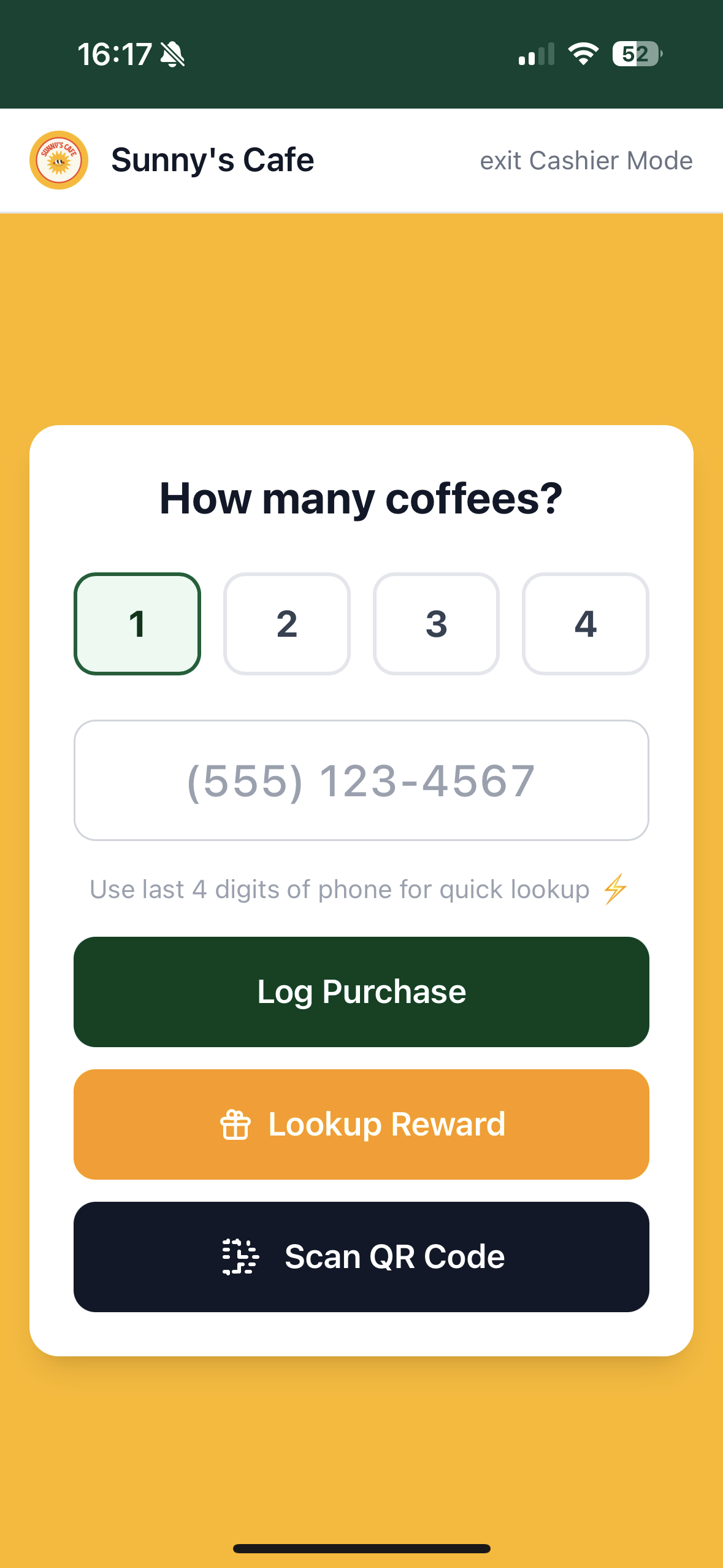 Cashier mode for quick visit logging